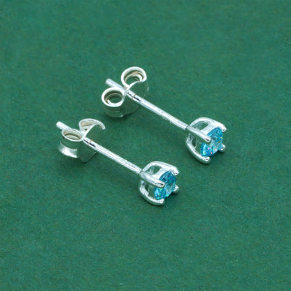 925 Sterling Silver Aquamarine CZ Stud Earrings 4mm, Light Blue Cubic Zirconia Studs, Minimal Dainty Crystal Earrings