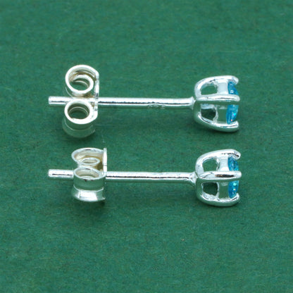925 Sterling Silver Aquamarine CZ Stud Earrings 4mm, Light Blue Cubic Zirconia Studs, Minimal Dainty Crystal Earrings