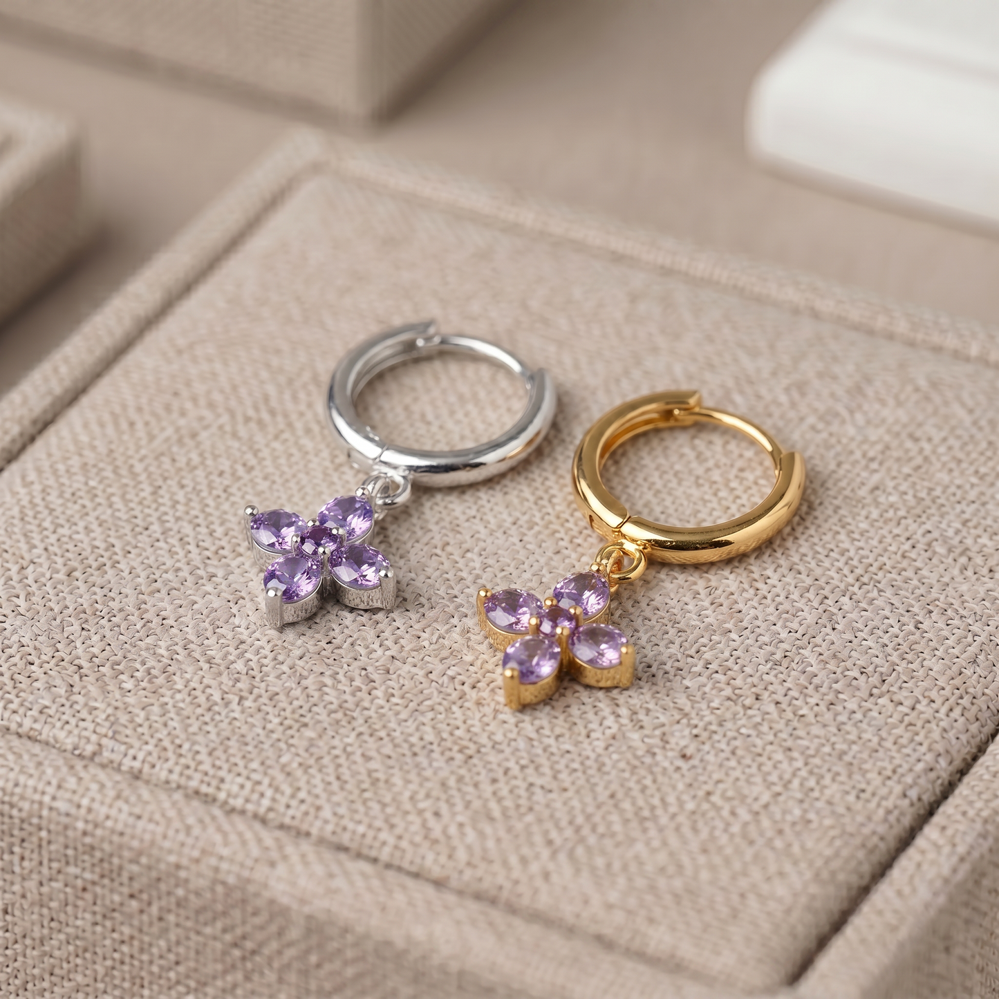 10mm Flower Birthstone Huggie Earrings, Flash Gold/Sterling Silver Finish