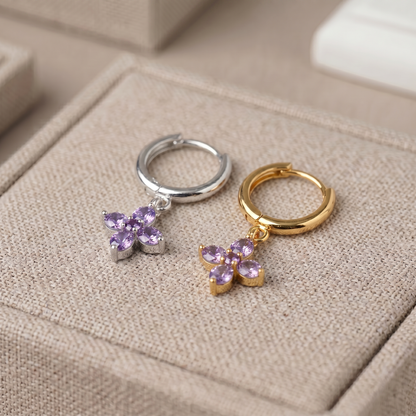 10mm Flower Birthstone Huggie Earrings, Flash Gold/Sterling Silver Finish