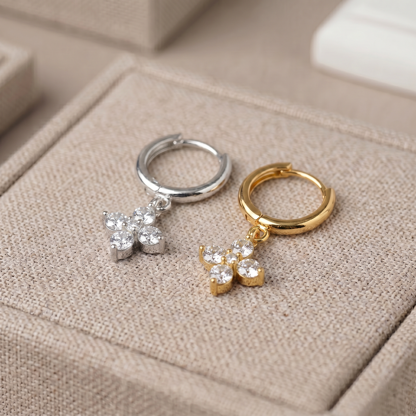10mm Flower Birthstone Huggie Earrings, Flash Gold/Sterling Silver Finish