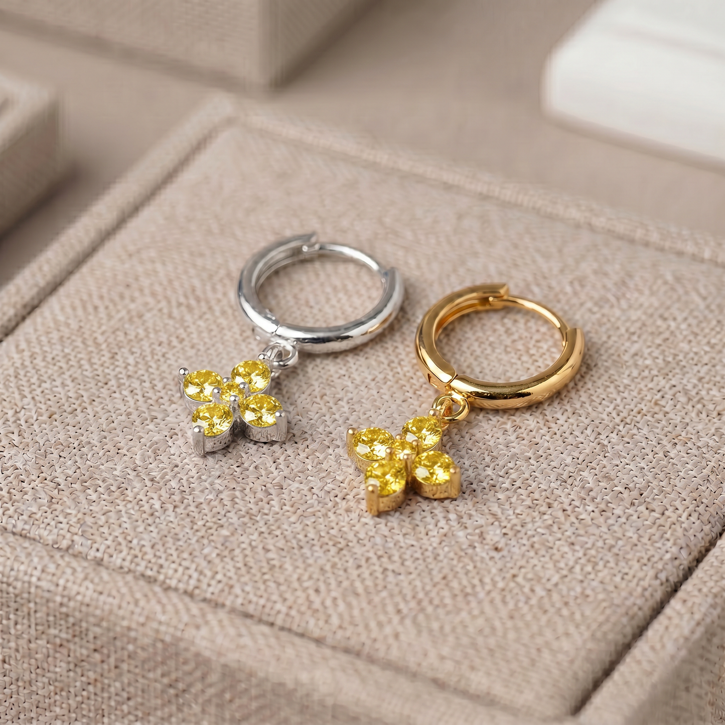 10mm Flower Birthstone Huggie Earrings, Flash Gold/Sterling Silver Finish