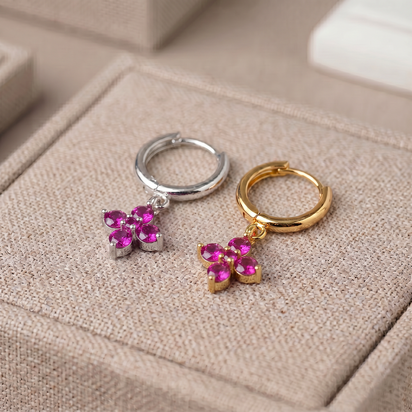 10mm Flower Birthstone Huggie Earrings, Flash Gold/Sterling Silver Finish