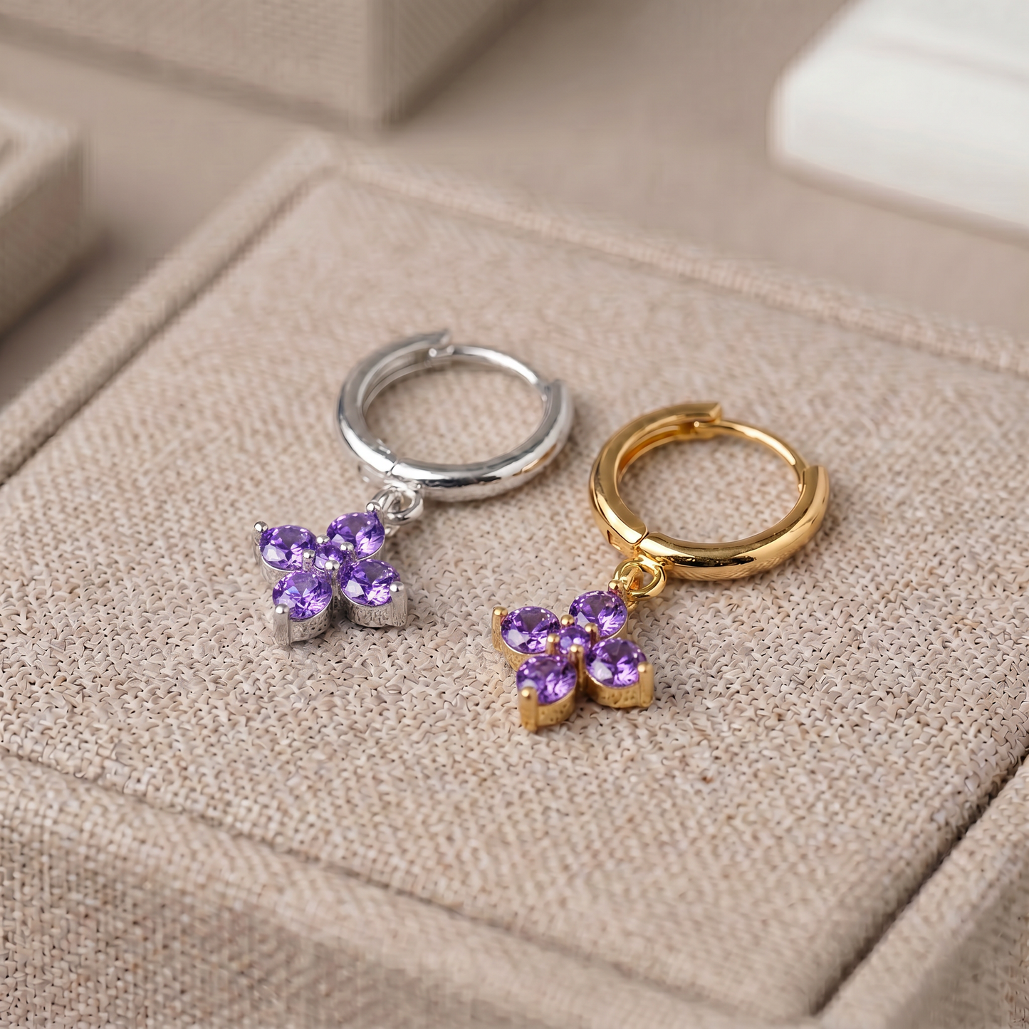 10mm Flower Birthstone Huggie Earrings, Flash Gold/Sterling Silver Finish