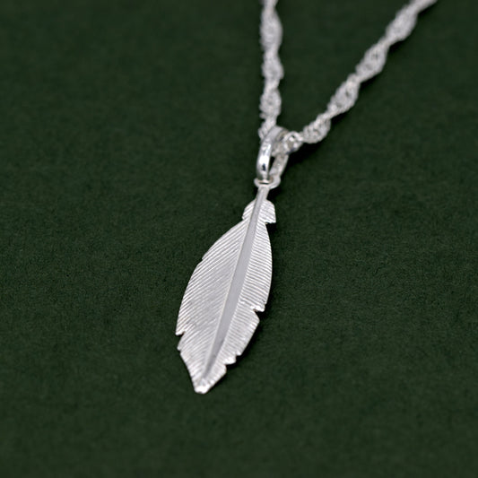 Sterling Silver Feather Pendant Necklace on Singapore Chain