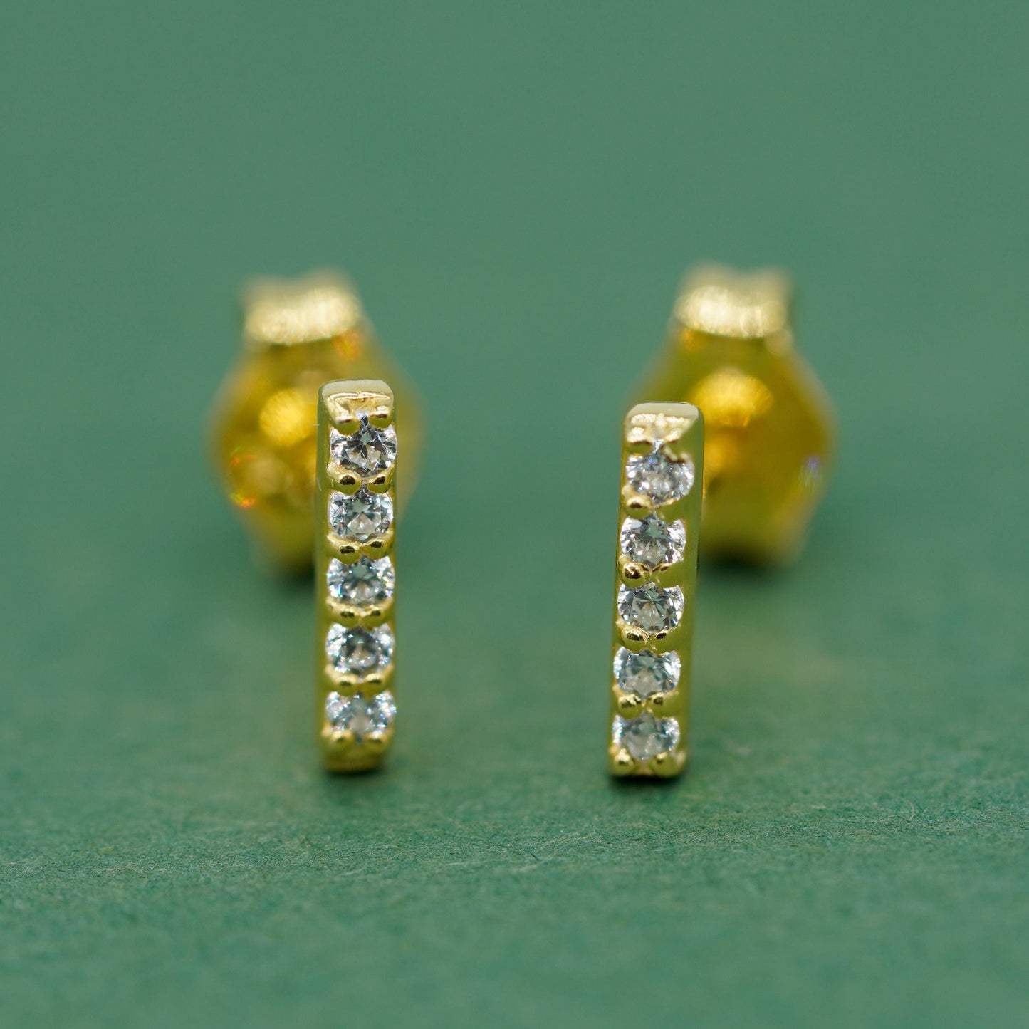 Gold Plated Sterling Silver 7.5mm Cubic Zirconia Bar Stud Earrings (Butterfly Backed)
