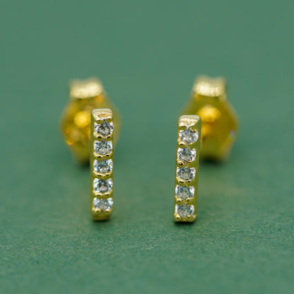Gold Plated Sterling Silver 7.5mm Cubic Zirconia Bar Stud Earrings (Butterfly Backed)