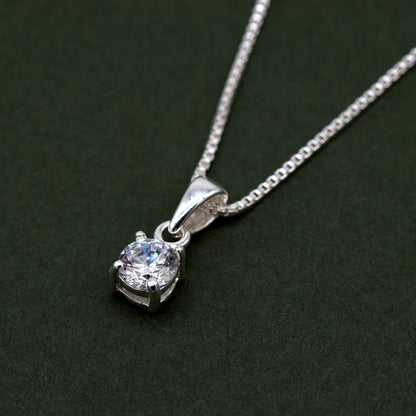 Sterling Silver Cubic Zirconia Round Pendant on Box Chain
