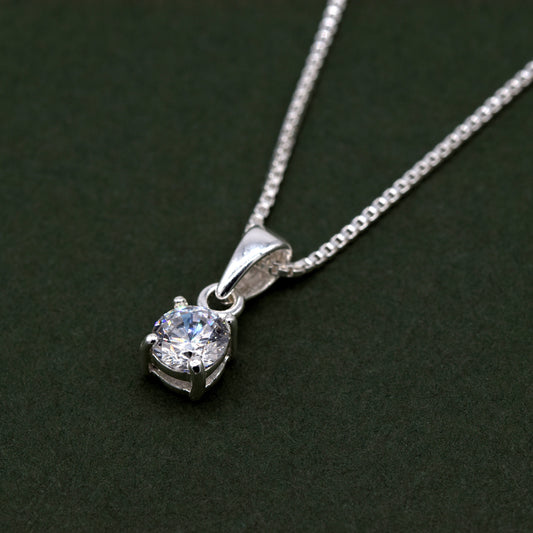 Sterling Silver Cubic Zirconia Round Pendant on Box Chain
