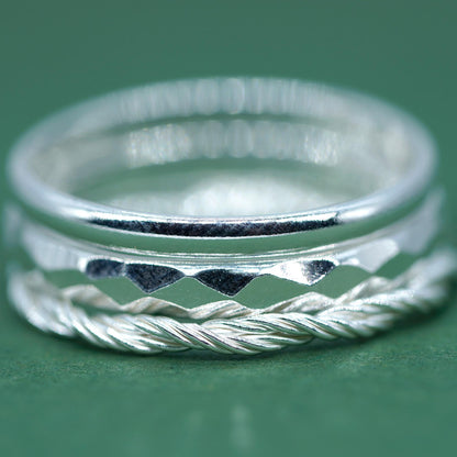 Set of 3 Sterling Silver Rings, 2mm Polished Band, 2.8mm Faceted/Hammered Ring & 1.7mm Corda Rope Ring