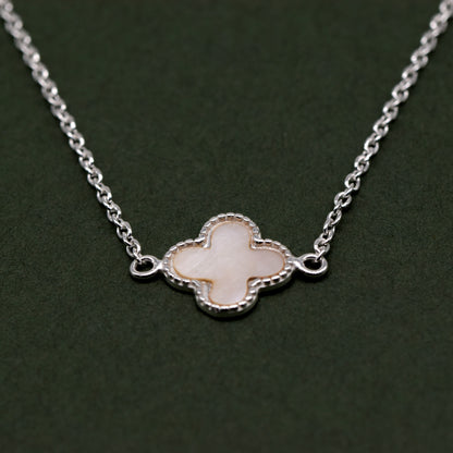 Sterling Silver Four Leaf Clover Motif Necklace On 17” - 18” Rolo Chain