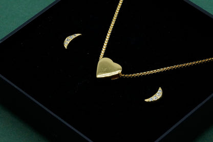 Gold Plated Sterling Silver Heart Charm Necklace, Crescent Moon Studs Gift Set