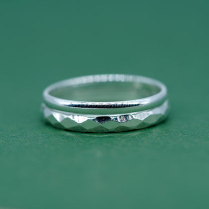Set of 2 Sterling Silver 2mm Polished Band & 2.8mm Faceted/Hammered Band
