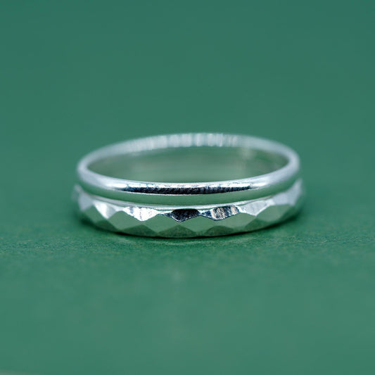 Set of 2 Sterling Silver 2mm Polished Band & 2.8mm Faceted/Hammered Band
