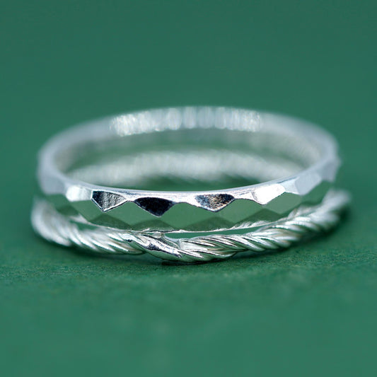 Set of 2 Sterling Silver Rings, 2.8mm Faceted/Hammered Ring & 1.7mm Corda Rope Ring