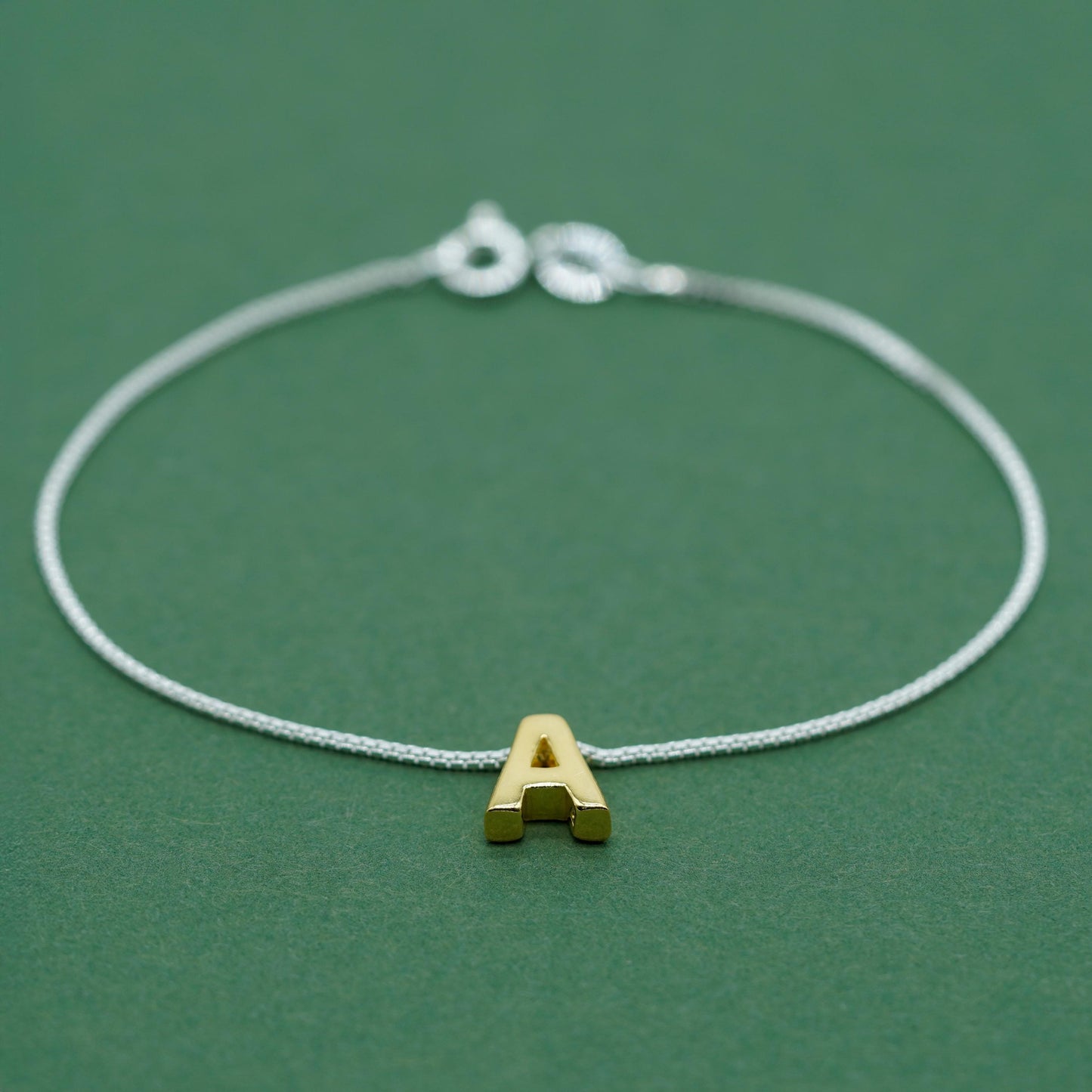 Gold Plated Sterling Silver Letter Charm on Sterling Silver Box Chain Bracelet