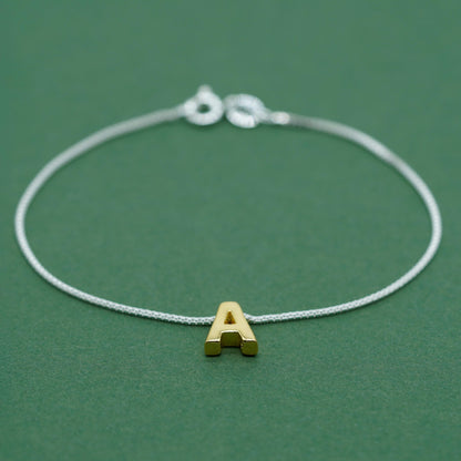 Gold Plated Sterling Silver Letter Charm on Sterling Silver Box Chain Bracelet
