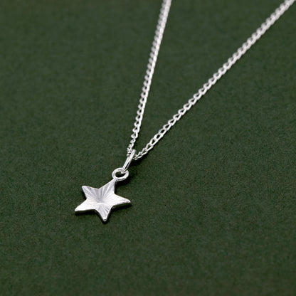 Sterling Silver Diamond Cut Fluted Star Pendant Necklace on Curb Chain