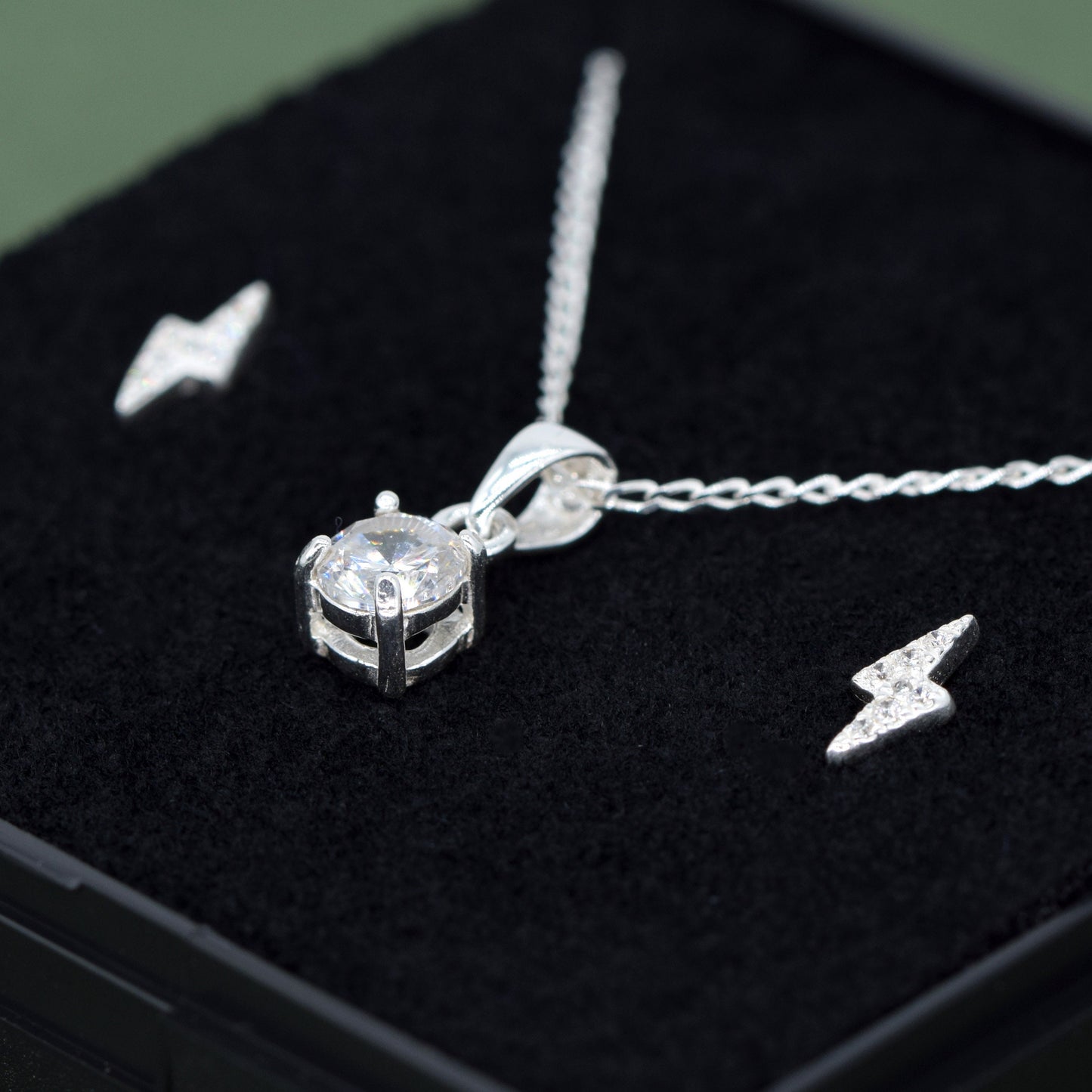 Sterling Silver Cubic Zircona Necklace & Bolt Earrings Gift Set
