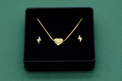 Gold Plated Sterling Silver Heart Charm Necklace with CZ Lightning Bolt Studs in Gift Box