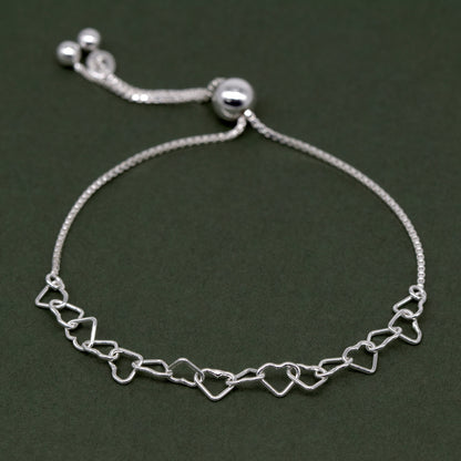 Sterling Silver Chain of Hearts Adjustable Slider Bracelet