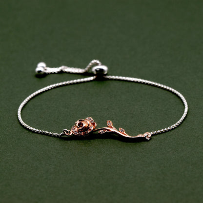 Sterling Silver Adjustable Slider Bracelet With Rose Gold Cubic Zirconia Encrusted Rose