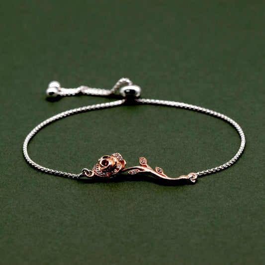 Sterling Silver Adjustable Slider Bracelet With Rose Gold Cubic Zirconia Encrusted Rose