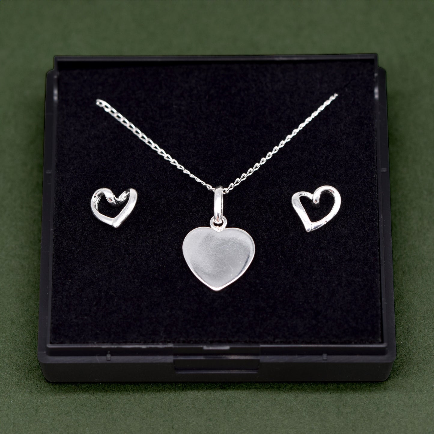Sterling Silver Flat Heart Necklace & Open Earring Set in Gift Box