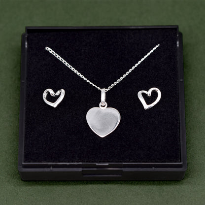 Sterling Silver Flat Heart Necklace & Open Earring Set in Gift Box