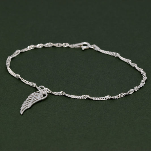 Sterling Silver 10" Singapore Chain Anklet With Wing Pendant