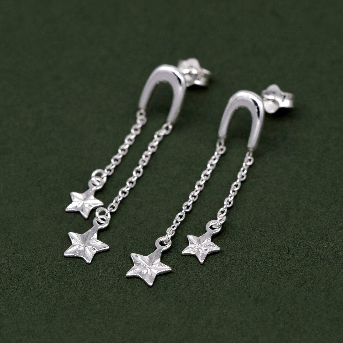 Genuine 925 Sterling Silver Double Fluted Diamond Cut Star Dropped Stud Earrings