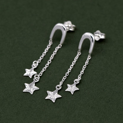 Genuine 925 Sterling Silver Double Fluted Diamond Cut Star Dropped Stud Earrings
