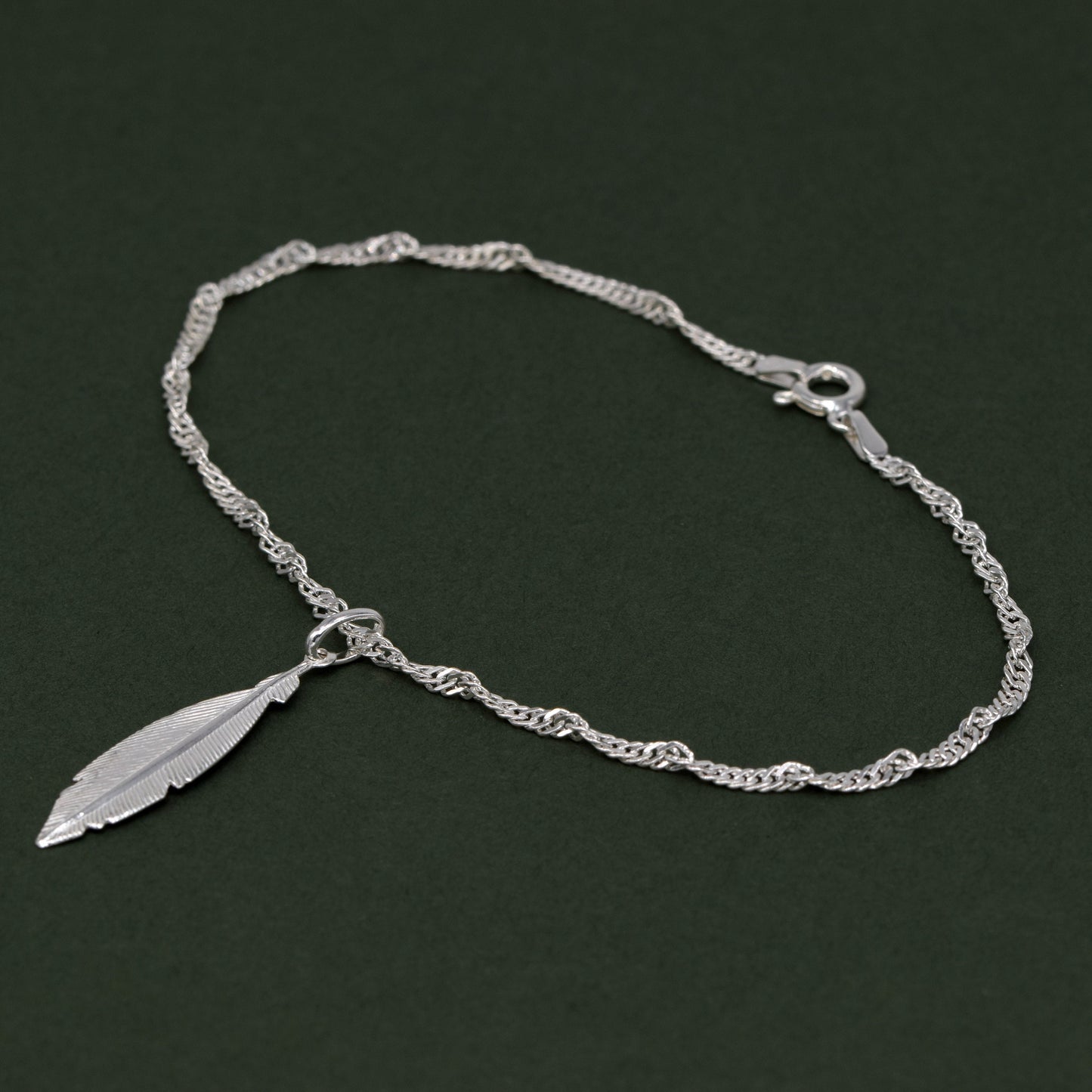 Sterling Silver 10" Singapore Chain Anklet With Feather Pendant