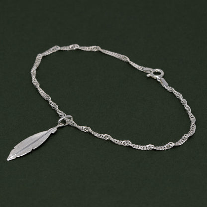 Sterling Silver 10" Singapore Chain Anklet With Feather Pendant
