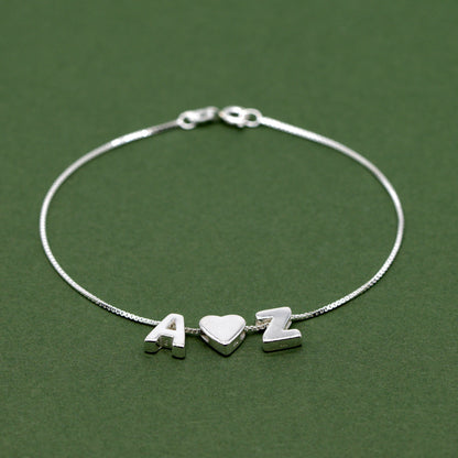 Sterling Silver Personalised Initial Charm Box Chain Anklet A - Z With Heart Charm