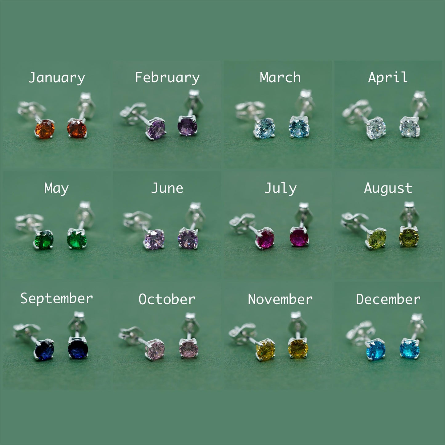 Sterling Silver 4mm Gem CZ Birthstone Stud Earrings