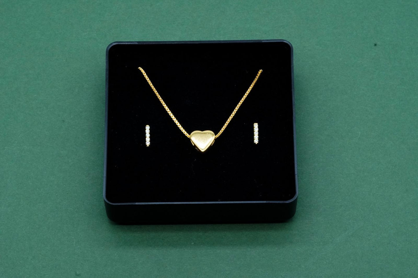 Gold Plated Sterling Silver Heart Charm Necklace with Gold CZ Bar Studs Gift Box