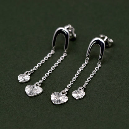 Sterling Silver Fluted Diamond Cut Double Heart Dropped Stud Earrings