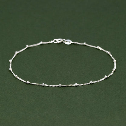 Sterling Silver 1.2mm Satellite Ball Beaded Curb Chain Anklet