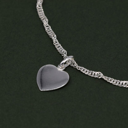 Sterling Silver 10" Singapore Chain Anklet With Flat Heart Pendant