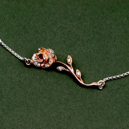 Sterling Silver Adjustable Slider Bracelet With Rose Gold Cubic Zirconia Encrusted Rose