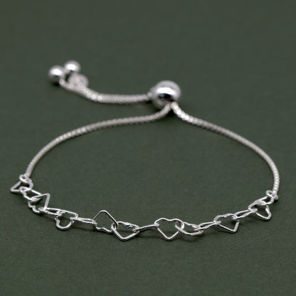 Sterling Silver Chain of Hearts Adjustable Slider Bracelet