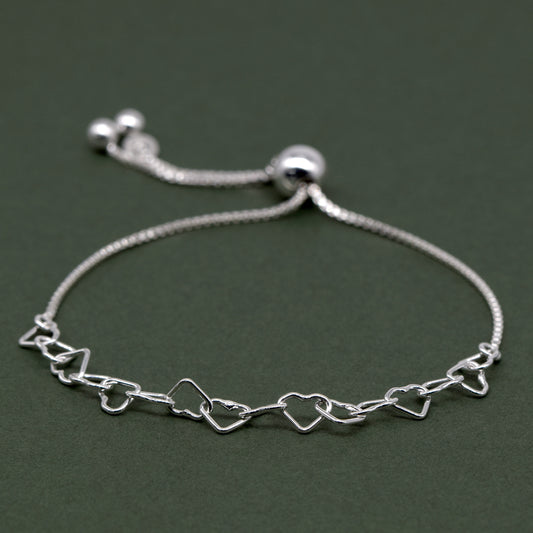 Sterling Silver Chain of Hearts Adjustable Slider Bracelet
