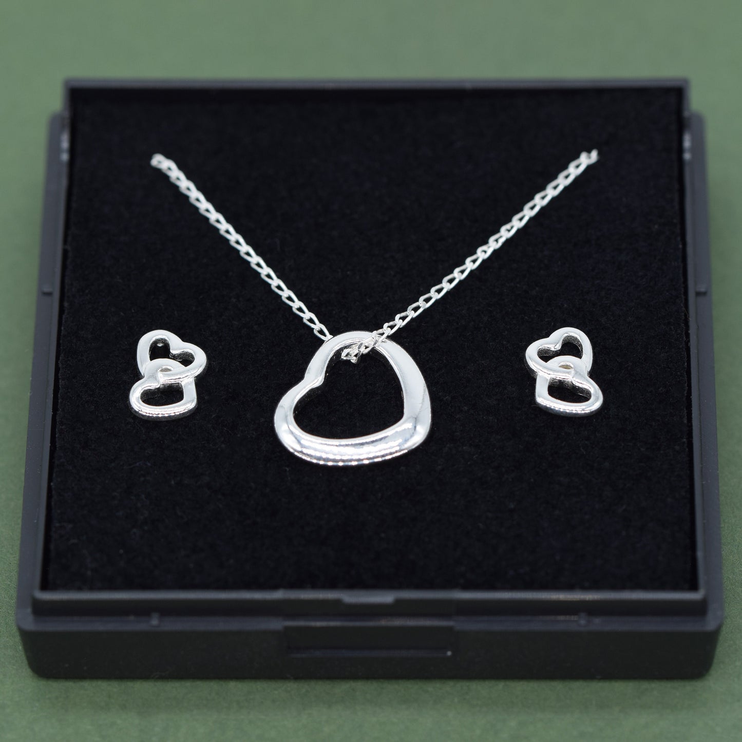 Sterling Silver Open Floating Heart Necklace & Earring Set in Gift Box