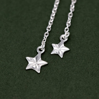 Genuine 925 Sterling Silver Double Fluted Diamond Cut Star Dropped Stud Earrings