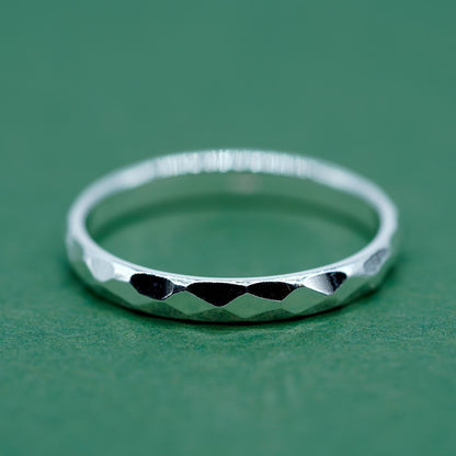 Set of 2 Sterling Silver 2mm Polished Band & 2.8mm Faceted/Hammered Band