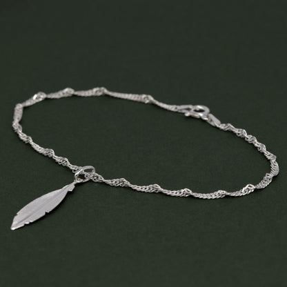 Sterling Silver 10" Singapore Chain Anklet With Feather Pendant