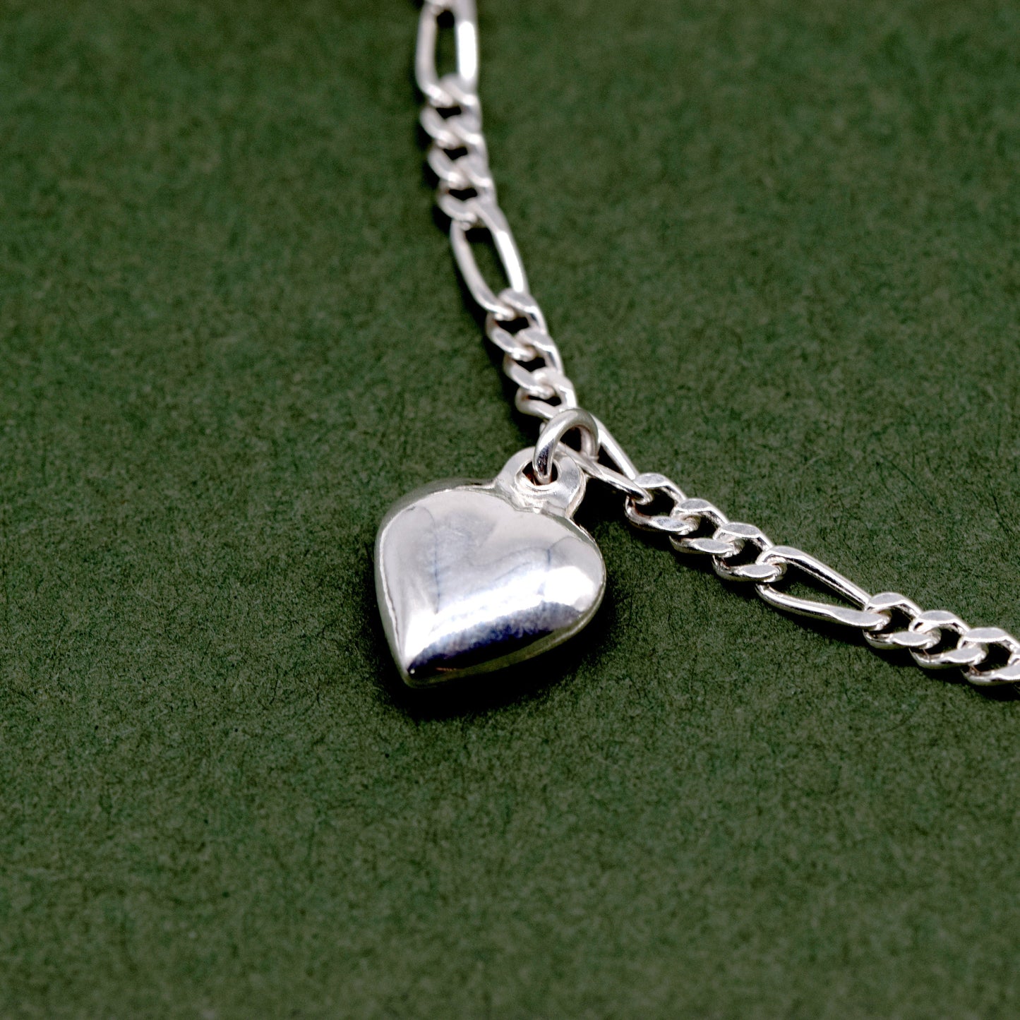 Sterling Silver 5 Puffed Heart Charm on Figaro Chain Bracelet 7.5"