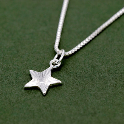 Sterling Diamond Cut Fluted Star Pendant Necklace on Box Chain