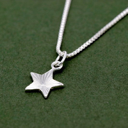 Sterling Diamond Cut Fluted Star Pendant Necklace on Box Chain